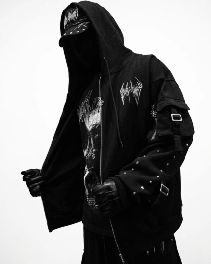 Metallic Tactical Oversized Cargo Zip-up Jacket [DARKNESS]
