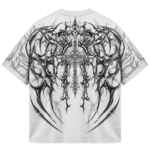 White oversized graphic T-shirt front view with bold printed design