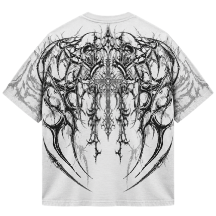 White oversized graphic T-shirt front view with bold printed design